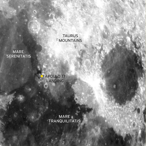 Close up of The Moon showing Apollo 17 Landing (site), Taurus Mountains, Mare Serenitatis and Mare Tranquillitatis.