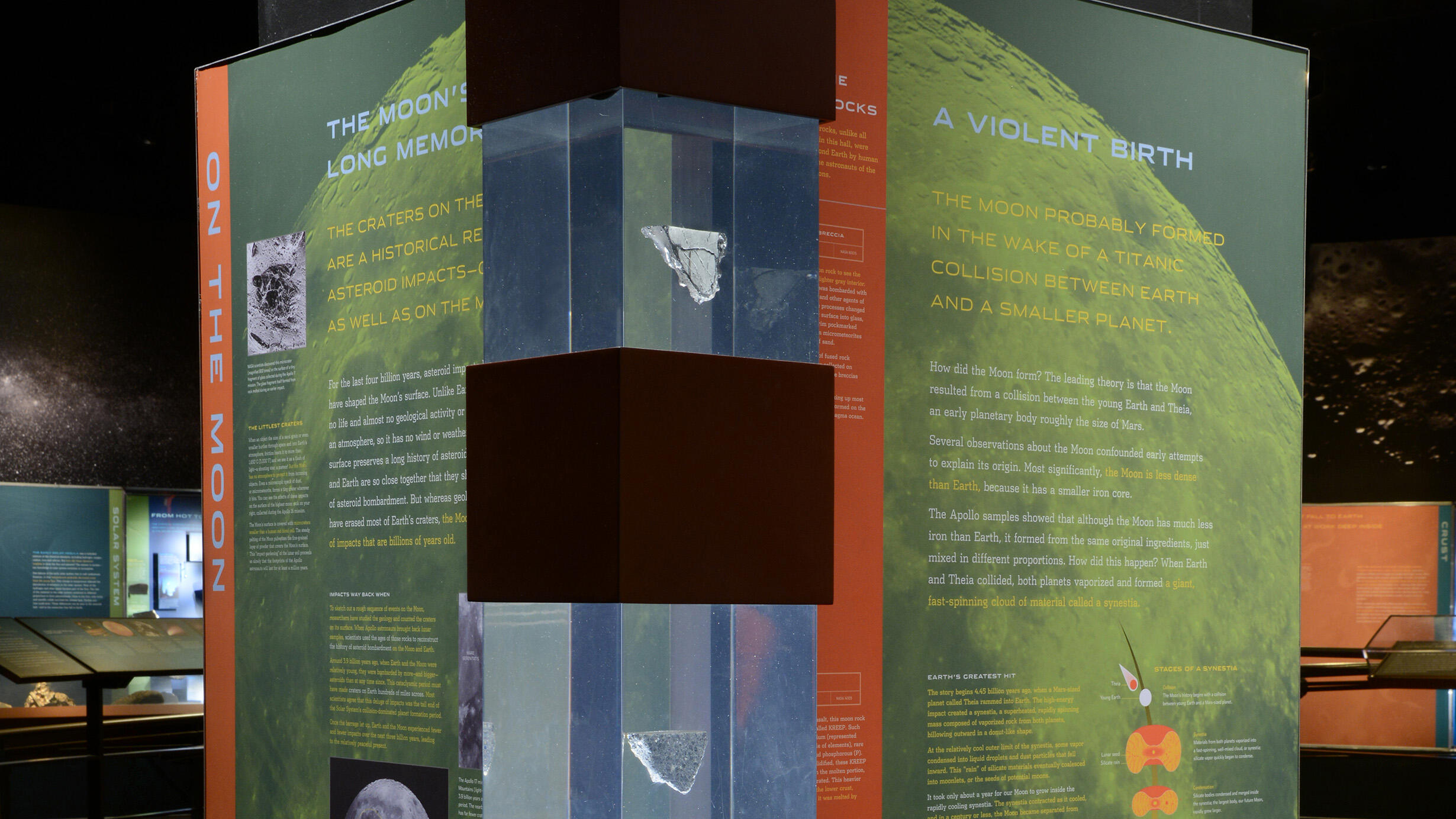 Moon subsection in the Hall of Meteorites displaying four lunar meteorites, images, graphics and text.