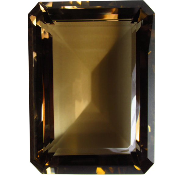 Yellowish-brown rectangular cut quartz gemstone.