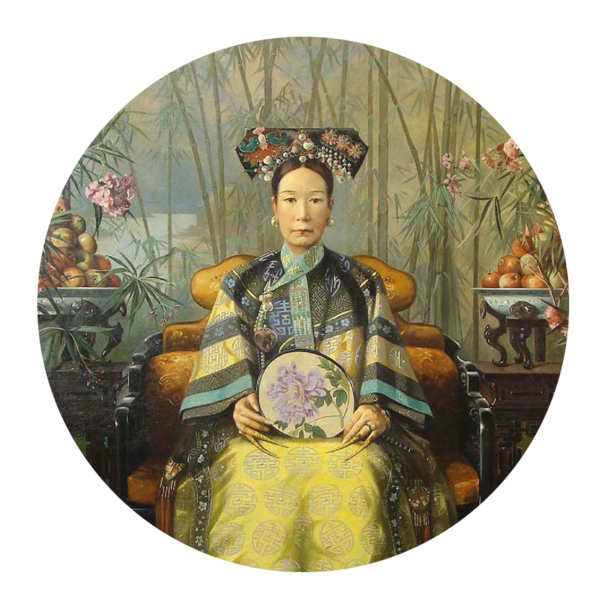 Painting of empress wearing beautiful textiles, seated between displays of fruit and flowers.