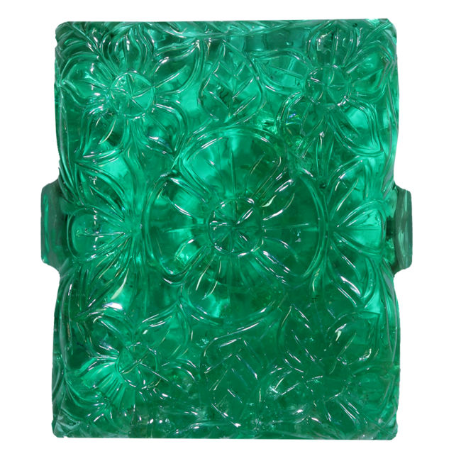 Huge rectangular-cut, and engraved polished emerald.