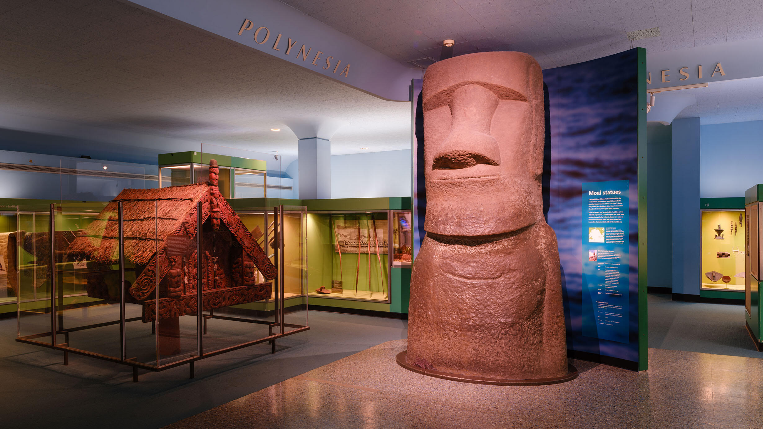 Moai statue in the center of the Hall of Pacific Peoples beside glass exhibit cases holding a Māori chief’s pātaka and other objects.
