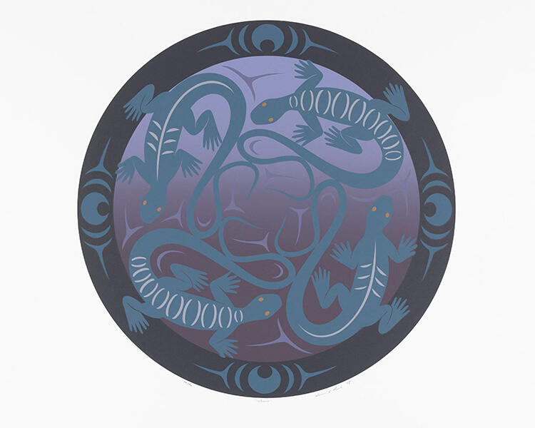 Circular print with patterned dark border, and four salamanders curving in a circle in the center.