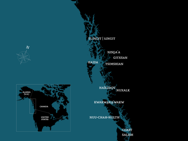 Map designates locations of the northwest coast nations along the western coast of the United States and Canada.