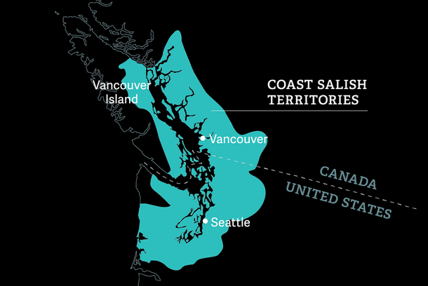 Map highlighting Coast Salish territories on a map in relation to Canada/United States border, including Vancouver, Vancouver Island & Seattle