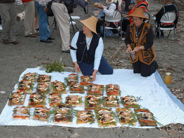 Two women sit on a blanket outside preparing food, with 24 platters of food laid out in front of them.