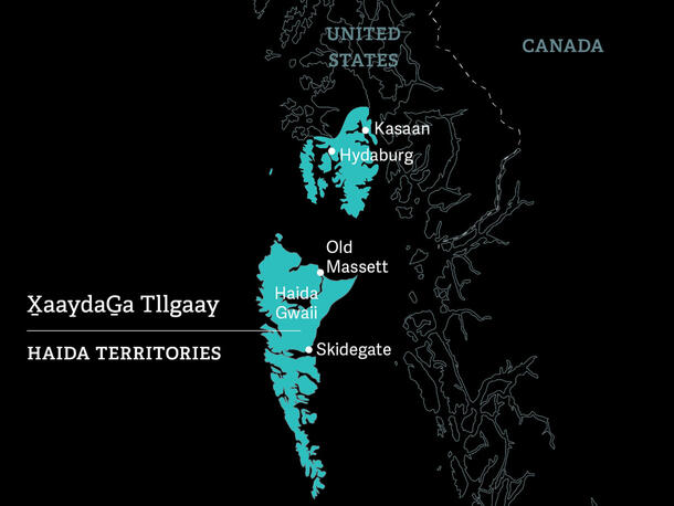 Map showing Haida territories highlighted in a bright color, including Old Massett, Haida Gwaii, and Skidegate.