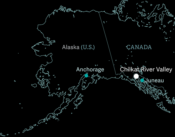 Map shows the location of the Chilkat River Valley, where Alaska borders Canada.