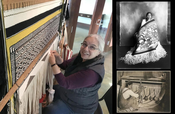 Lani Hotch sits at a loom and weaves a robe.
