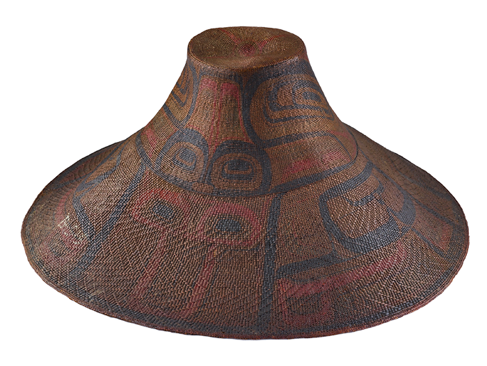 Conical woven hat features with a painted design of a raven outline.