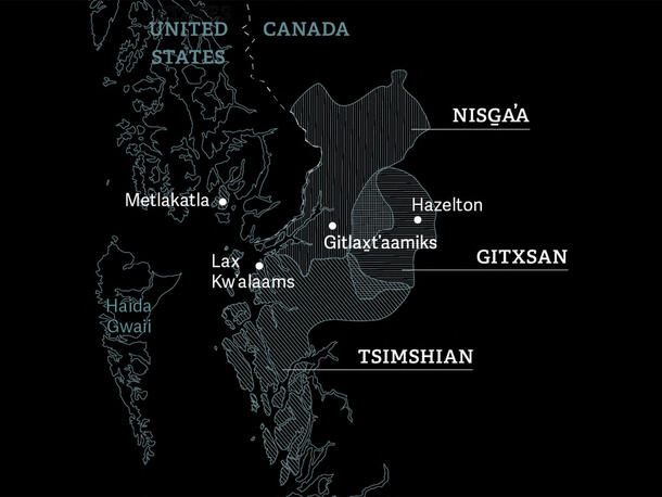 Map of Tsimshian peoples location, including Metlakatla, Lax Kw'alaams, Hazelton, Gitlax̱t'aamiks, and Gitxsan. 