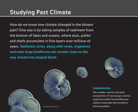 Slide titled "Studying Past Climate" about studying past climate by taking sediment samples from bottom of lakes and oceans.