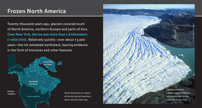 Slide titled "Frozen North America" with image of glacier edge, text blurb and map of North America showing location of ice sheets 20,000 years ago.