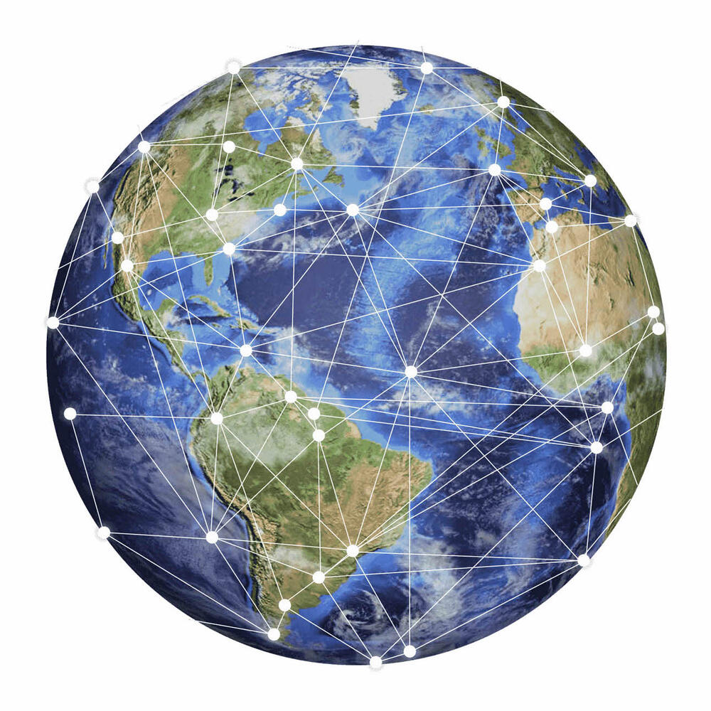 Planet Earth with web of interconnected points on it.