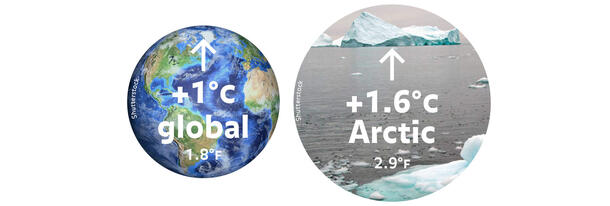 Graphic of two spheres: one with text "global" and "plus one degree Celsius," the other with text "Arctic" and "plus one point six degree Celsius."