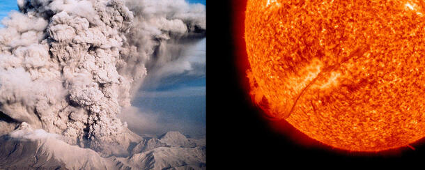 volcano erupting and Sun surface