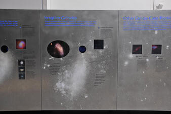 In the Hall of the Universe in the Rose Center for Earth and Space, exhibition photos with explanation text about irregular galaxies.