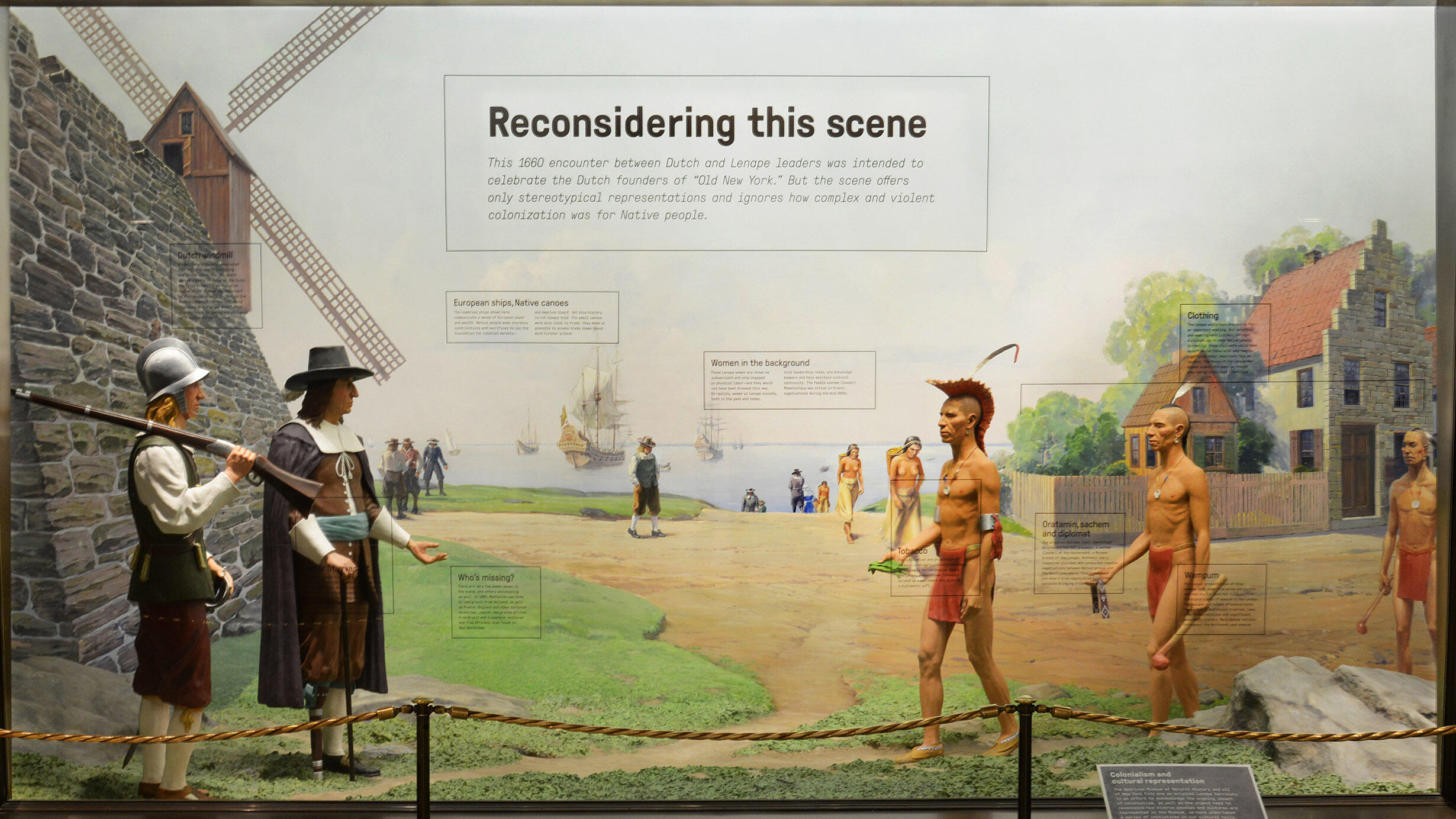 Text labels on the glass of the Old New York diorama, a scene between the colonial Dutch and the Lenape, adds context and highlights misrepresentation