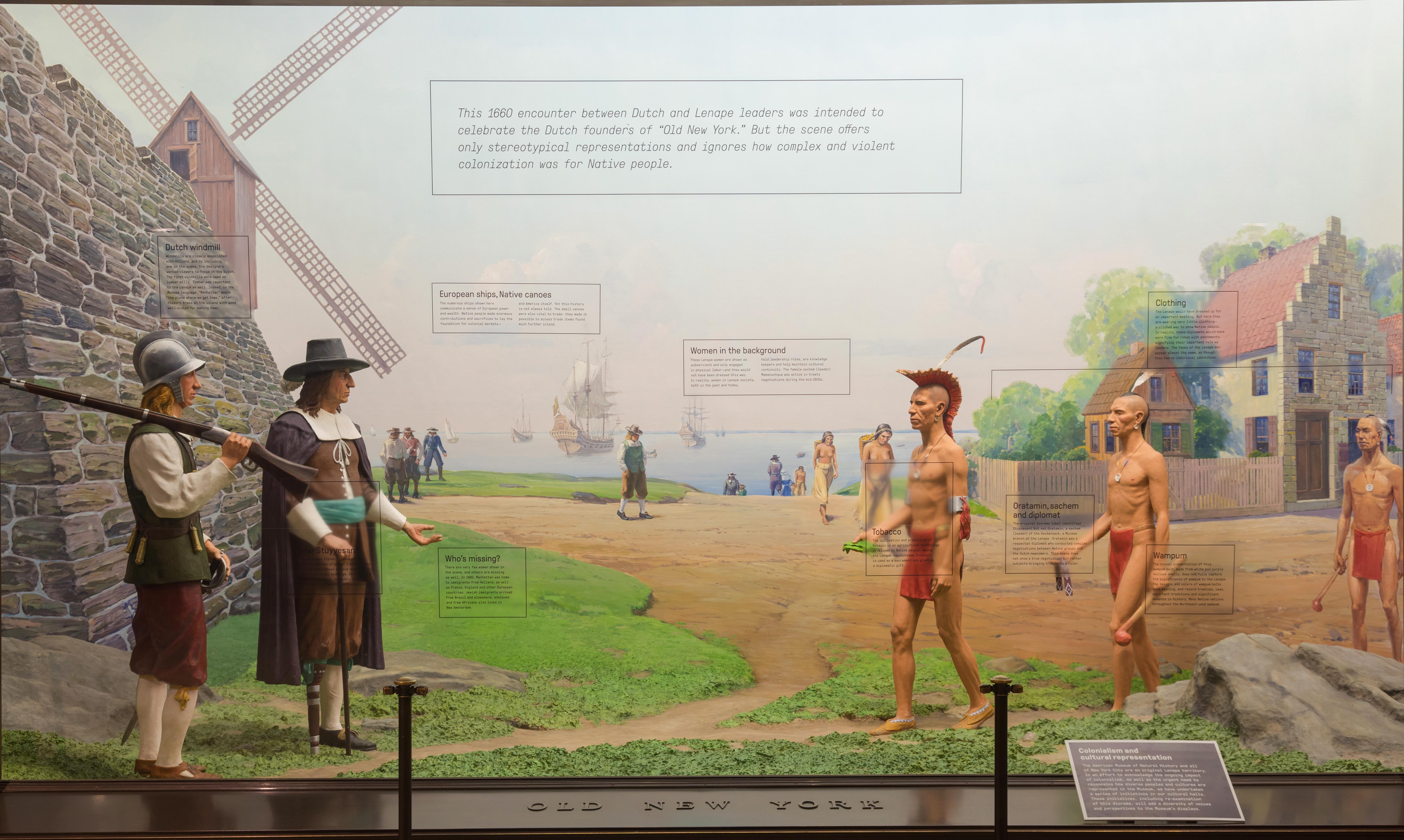 New interpretation on the glass of the 1936 Old New York diorama, which depicts a scene between the colonial Dutch and the Lenape.