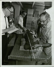 Two people measure the length of the coelacanth with a tape measure as another person standing by takes notes on a clipboard. 