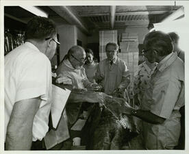 Seven people observe a coelacanth specimen on a table, with two people holding it open and one person at the head of the table speaking.