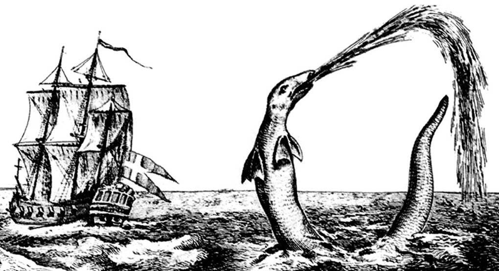 Illustration of a long, armless sea monster emerging from water in front of a ship.
