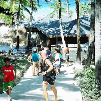 A group of people fleeing a tsunami crashing into a lodge with palm trees in the Andaman Islands, 2004