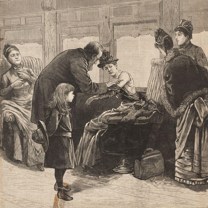 Illustration of a woman being vaccinated by a doctor while seated in a train compartment, while three other women and a child look on. 