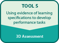Text reading "Tool 5: Using evidence of learning specifications to develop performance tasks | 3D Assessment" inside square with round corners.