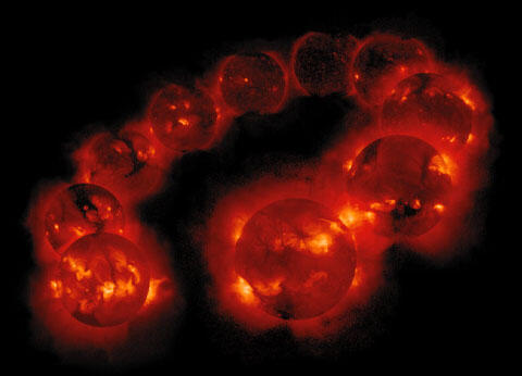 Composite image showing 10 images of the Sun with varying degrees of x-ray emission strength.