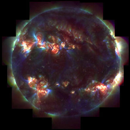 A visualization of the Sun, showing the coldest regions shaded blue and the hottest shaded red and white.
