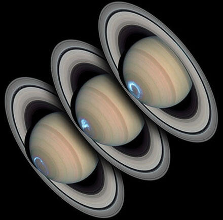 A visualization with three images of Saturn, each with blue marking of varying degrees of brightness.
