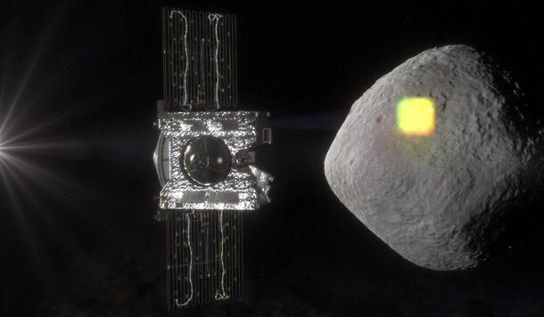A light source (visible on the left), activates the sensor on OSIRIS-REx (middle), which maps the asteroid (right).