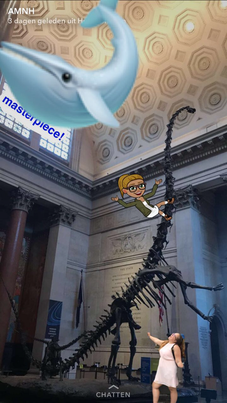 Drawing of a girl and a floating blue whale over a photo of a person standing next to the Museum's Barosaurus skeleton.