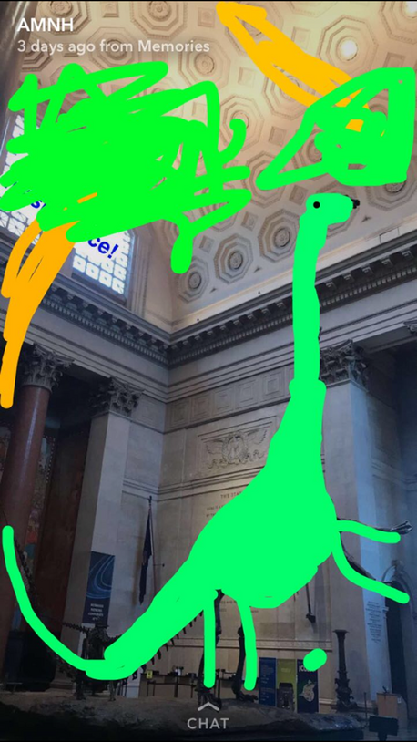 Drawing of a green dinosaur and trees over a photo of the Museum's Barosaurus skeleton.