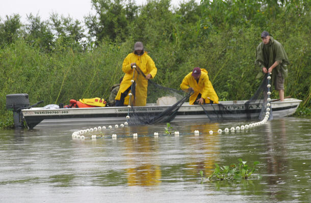 Three researchers wearing rain gear stand in a small boat and cast a net into the water.