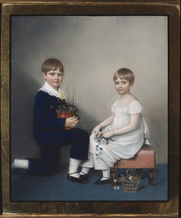 Painting of two children, one kneeling and holding a potted plant (left) and the other seated on a stool holding flowers (right).