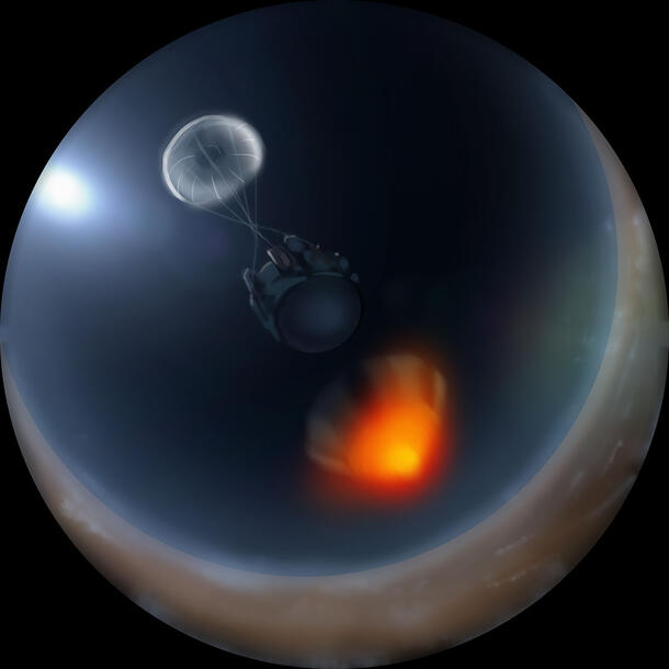 Rendering of the Galileo probe descending into Jupiter's atmosphere.