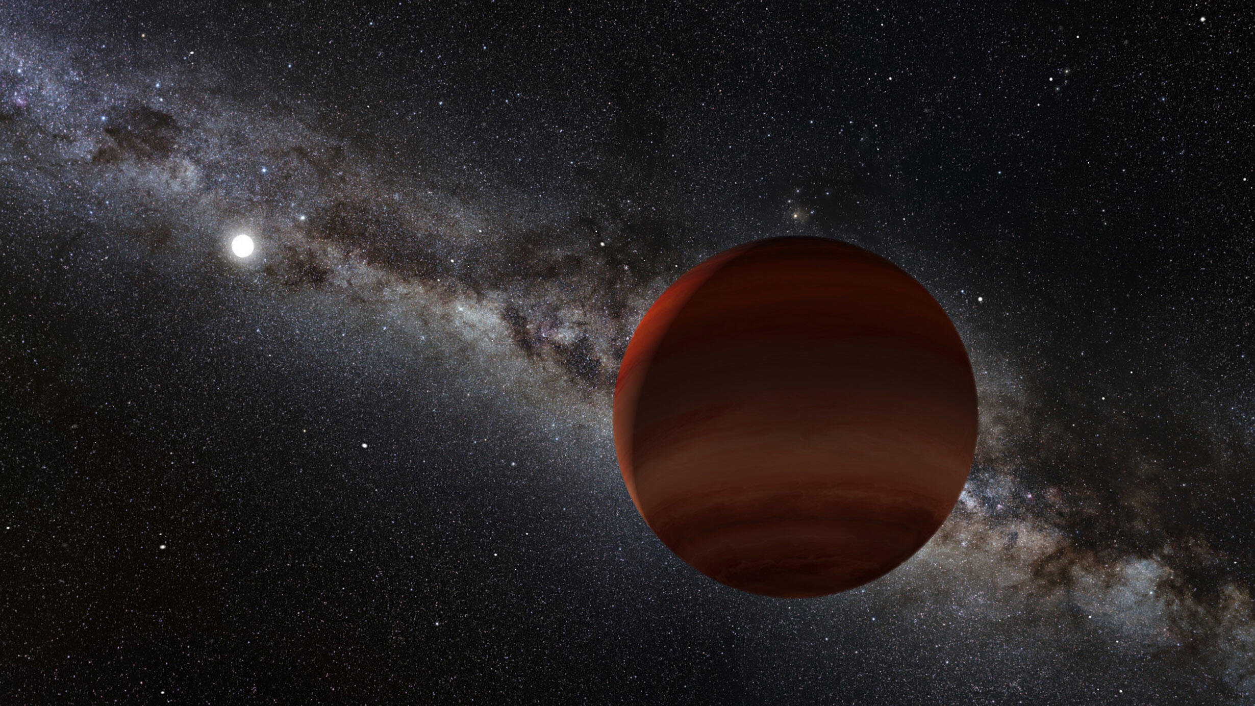 Rendering depicts the brown dwarf in the foreground, with the white dwarf appearing as a small spot of light in the distance.Credit: NOIRLab/NSF/AURA/