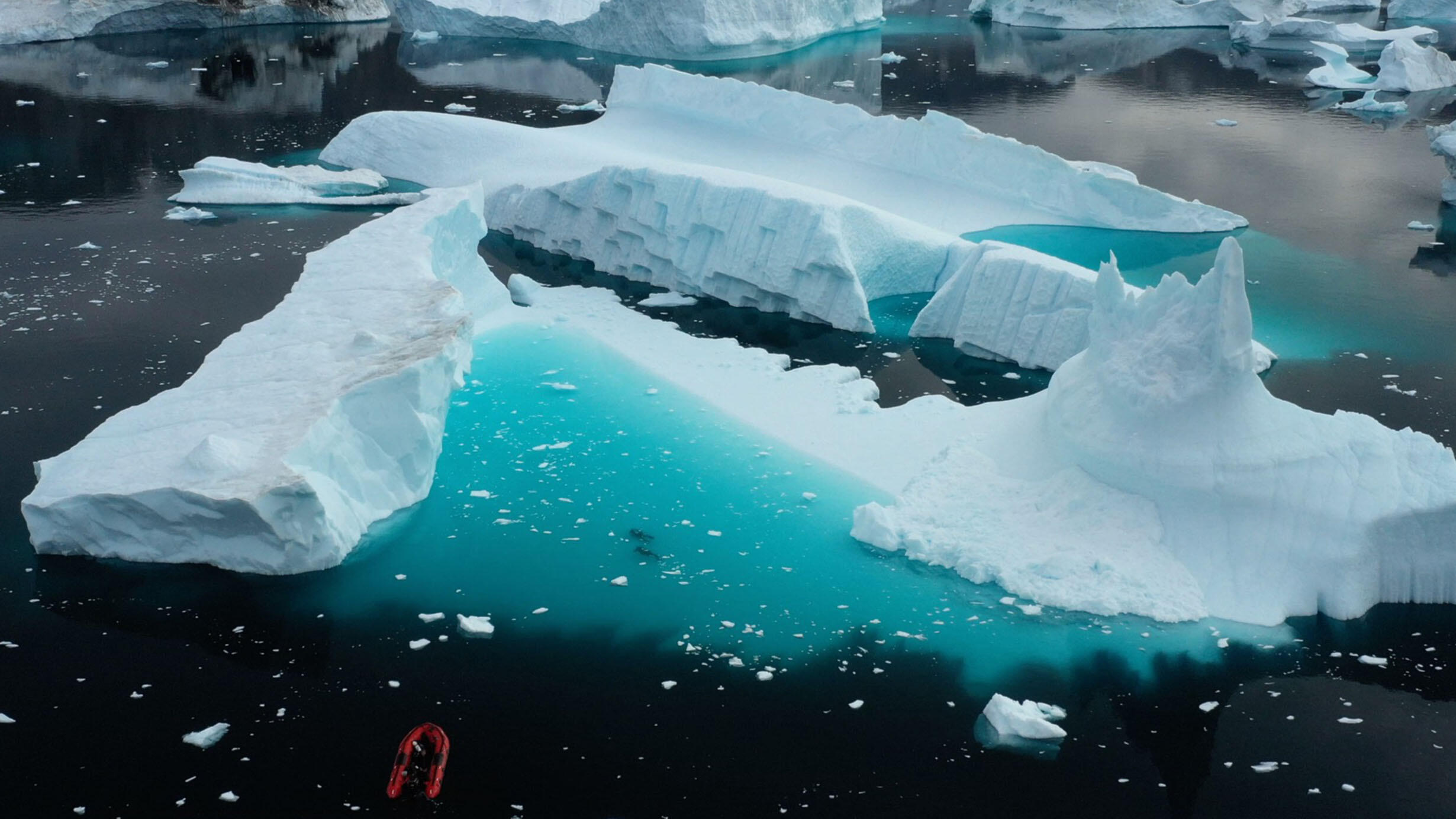Aerial view of icebergs.