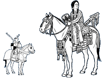 black and white illustration of a knight on a horse and native american on a horse