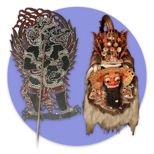 Garuda shadow puppet with stick and a Barong face mask and costume