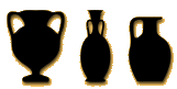 Outlines of three Greek style vases of various shapes in a row.