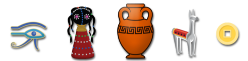 The Eye of Horus, Ndebele doll, ancient Greek vase, Peruvian llama figure, Chinese coin