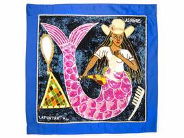 colorful square cloth with a mermaid wearing a hat depicted on it