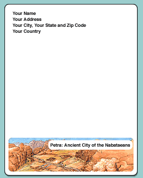 Stationery template with text "Petra: Ancient City of the Nabataeans" and an illustration of Petra and buildings built into rocky mountains.