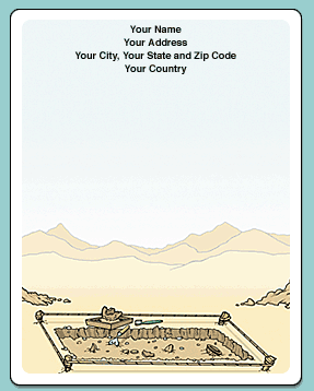 Stationery template with an illustration of an archaeological dig site in a desert landscape with mountains in the background.