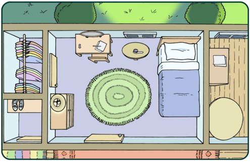 illustration of a bedroom from aerial view