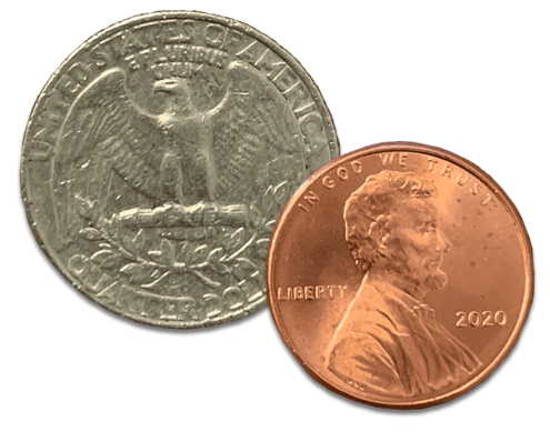 A quarter on the eagle side and a penny showing the side with Abraham Lincoln