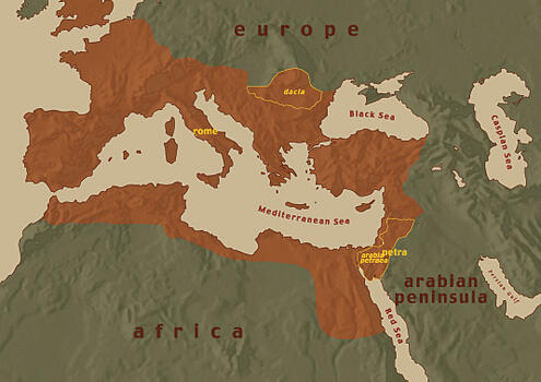 map with orange overlay showing extent of Roman Empire covering most of southern europe, the northern coast of Africa, and reaching Petra as well